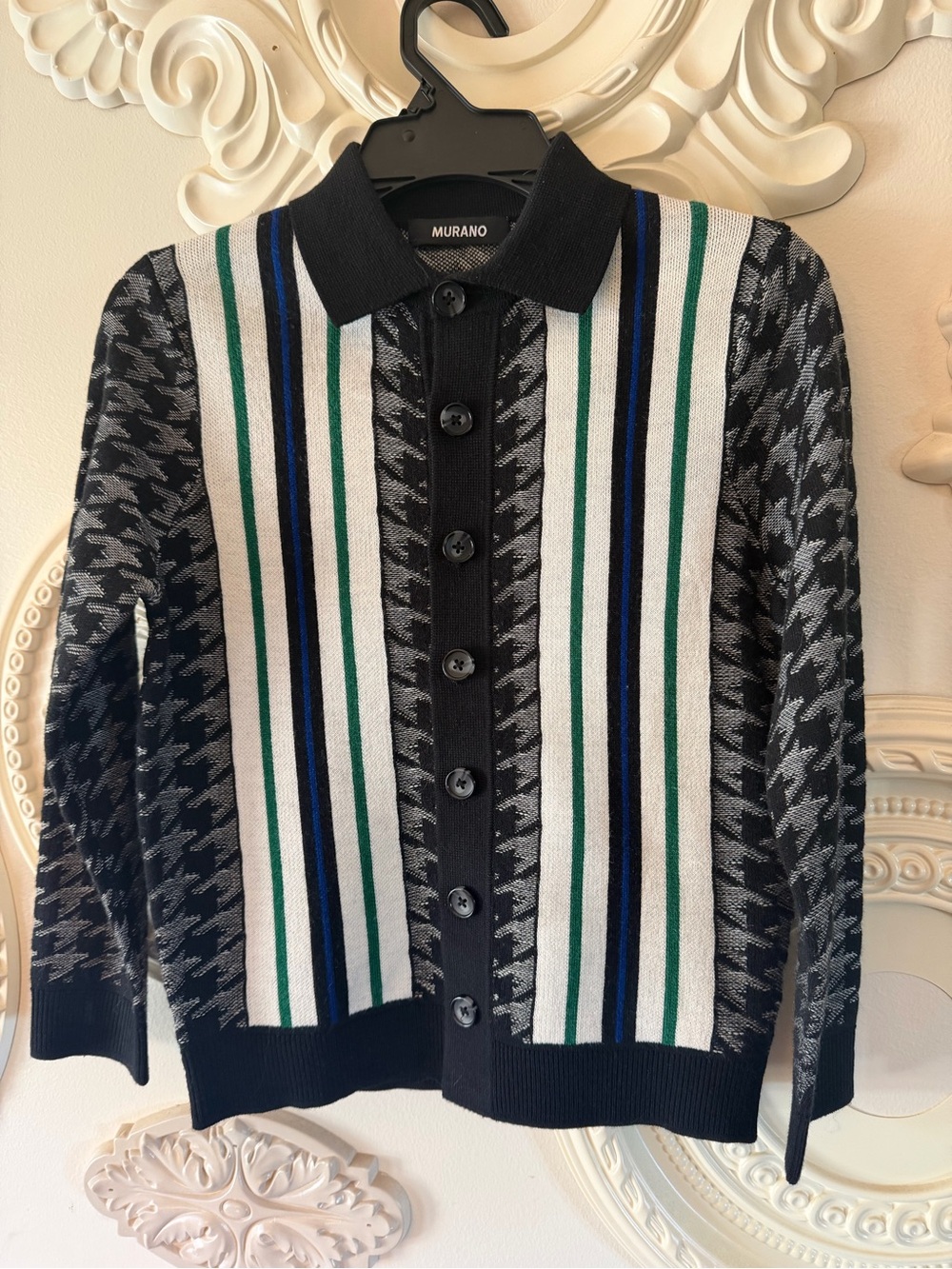 Murano Black White Green and Blue Striped Houndstooth Cardigan